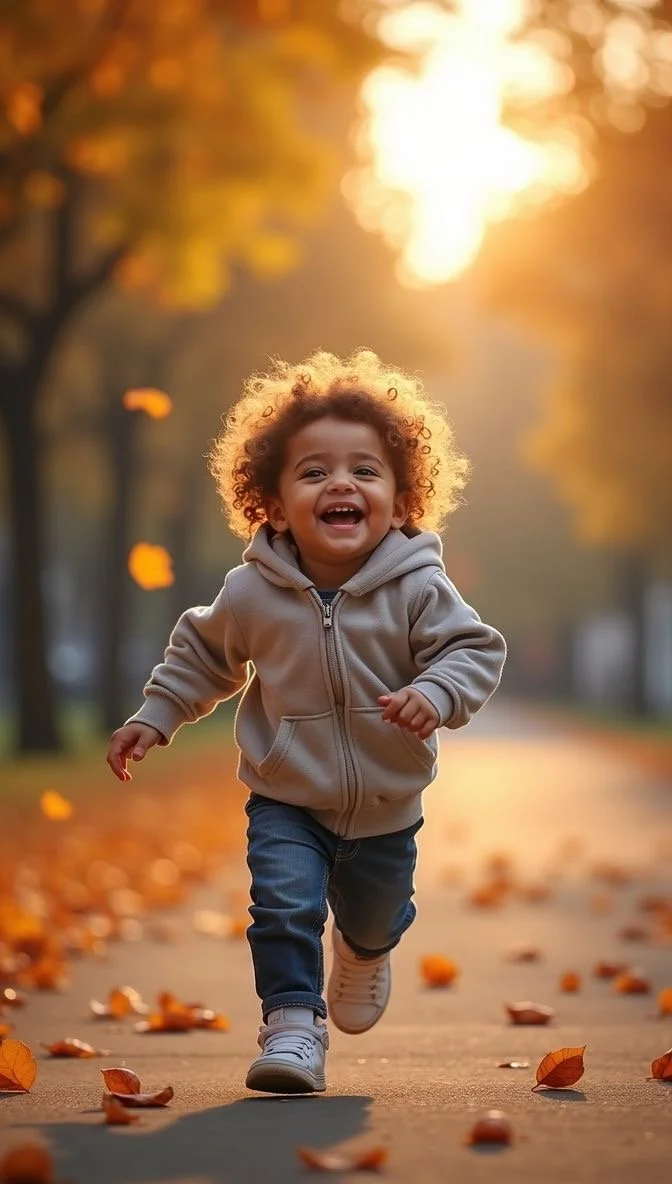 Un enfant qui court dans un parc en automne avec des feuilles tombées et un soleil couchant en arrière-plan.