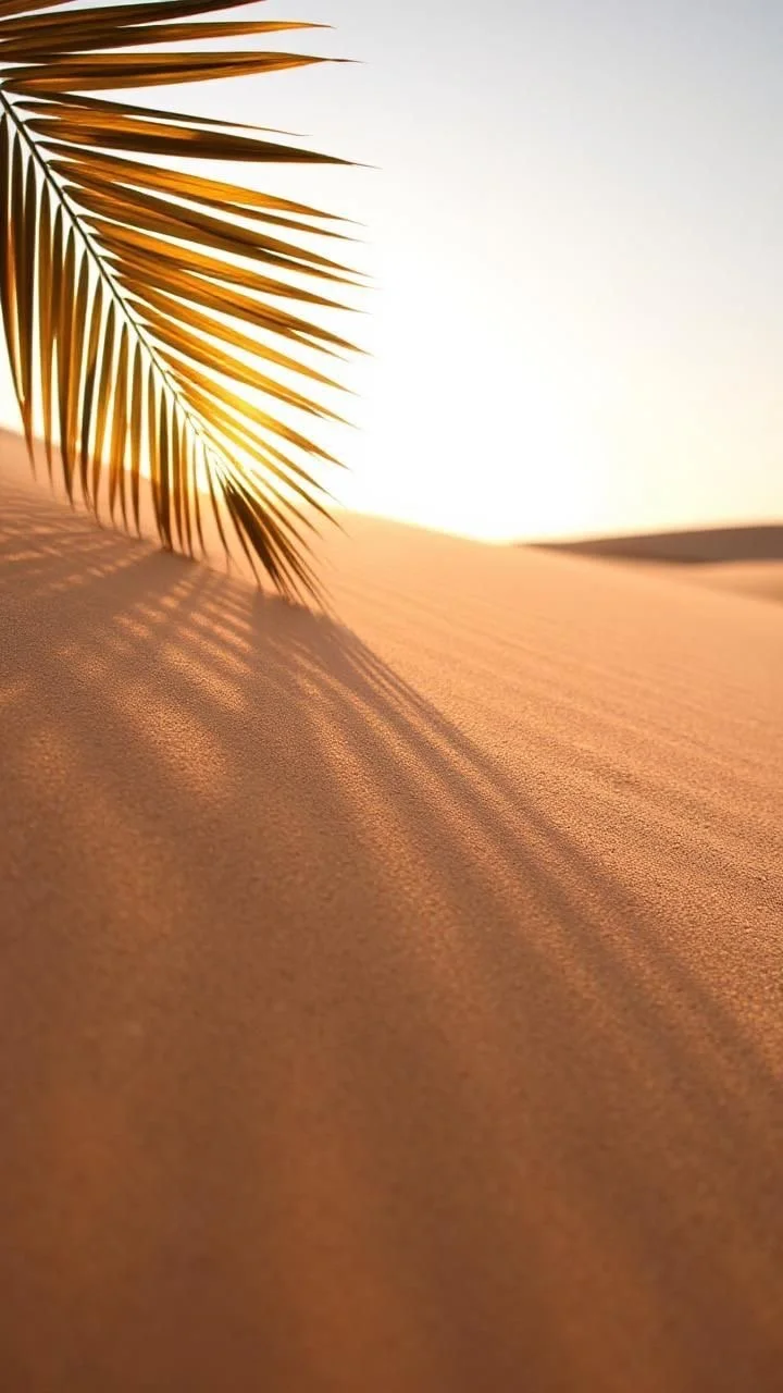 Une feuille de palmier projette une ombre sur une dune de sable au coucher du soleil dans un désert.