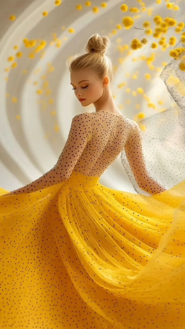 Fille danseuse portant une robe jaune avec des pois noirs, avec un chignon et une toile de fond avec des fleurs jaunes en suspension.