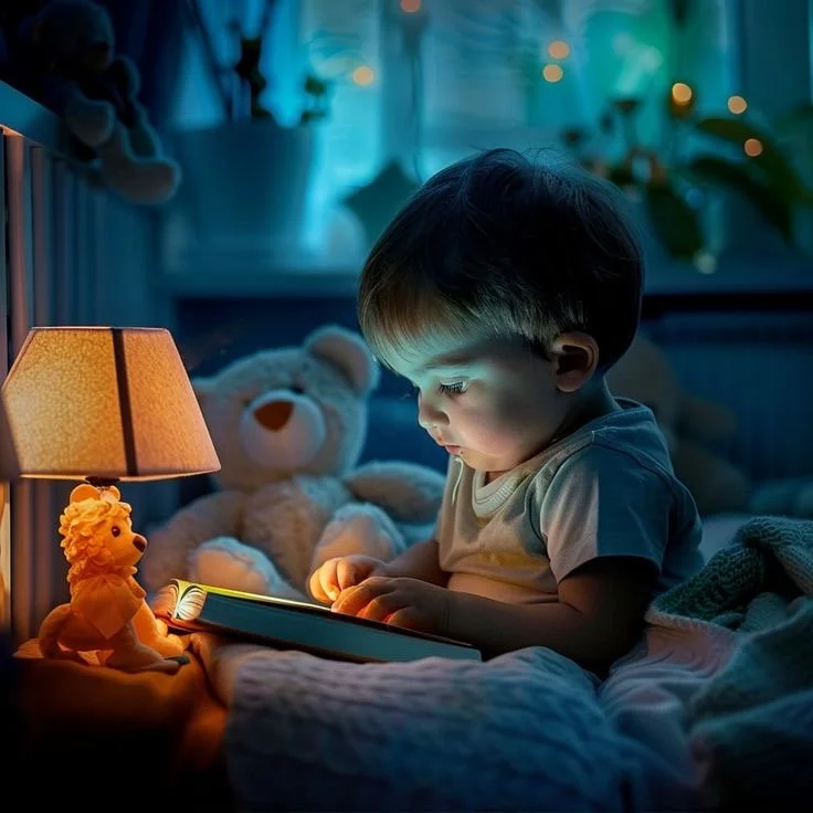 Un jeune garçon lit un livre dans sa chambre pendant la nuit, éclairé par une lampe de chevet, avec des peluches d'ours sur le lit.