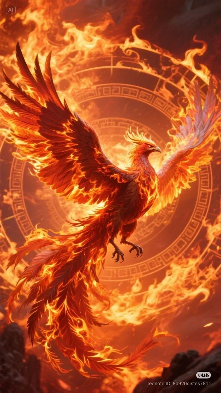 Un aigle de feu en vol entouré de flammes et de symboles magiques en arrière-plan.