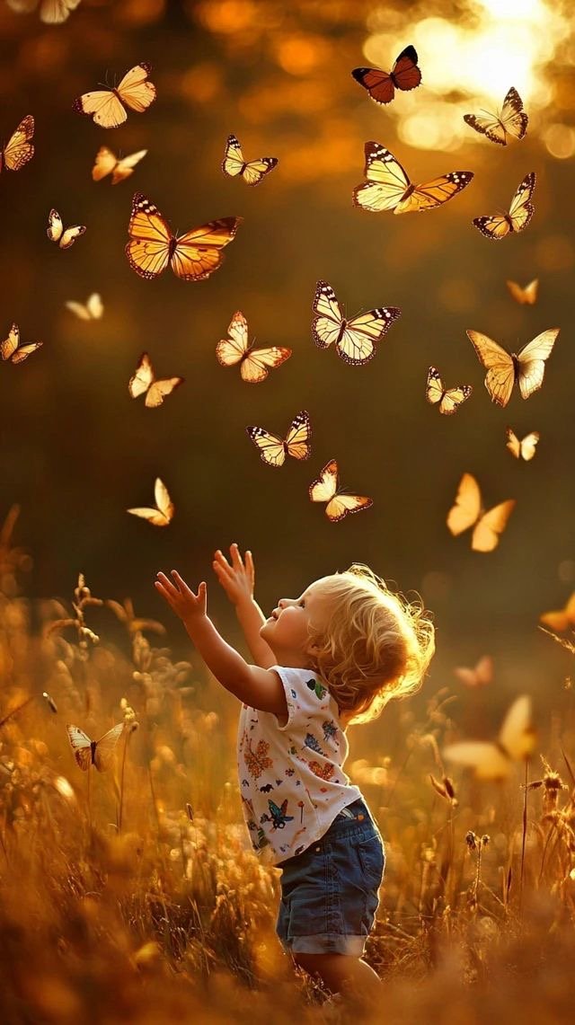 Un enfant avec des cheveux blonds joue dans un champ doré au coucher du soleil, entouré de papillons qui volent autour de lui.