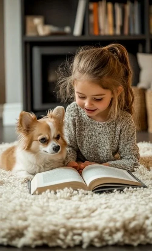 Une jeune fille avec un chien de race Chihuahua allongés sur un tapis blanc, lisant un livre dans un salon