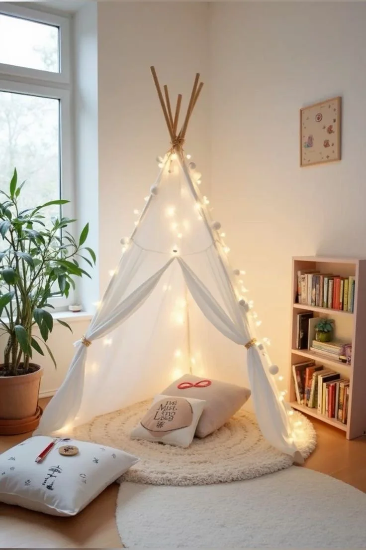 Coin d'une pièce décoré comme une tente indienne avec des guirlandes lumineuses, plusieurs coussins, un tapis rond, une plante verte à gauche, une étagère à droite rempli de livres, une fenêtre laissant entrer de la lumière naturelle.