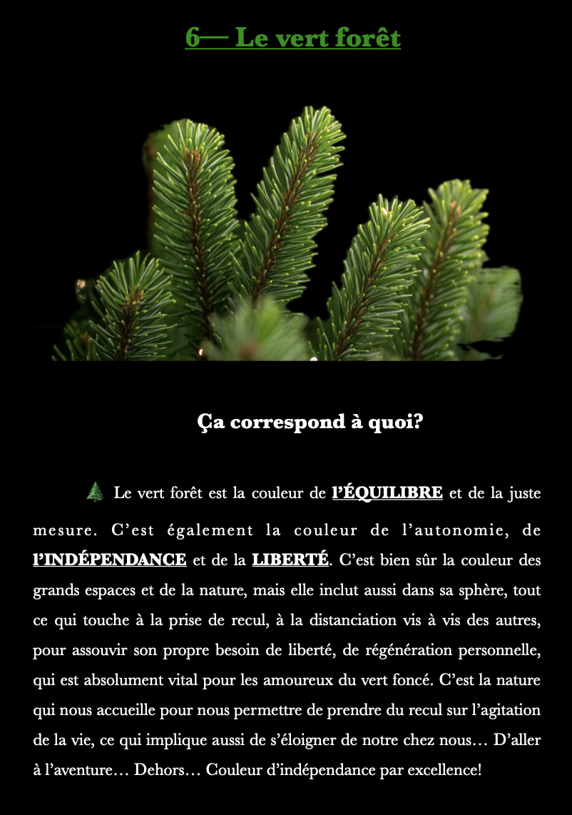 Une image de branches de pin vert foncé contre un fond noir, accompagnée d'un texte en français parlant de la forêt verte et de ses symbolismes.