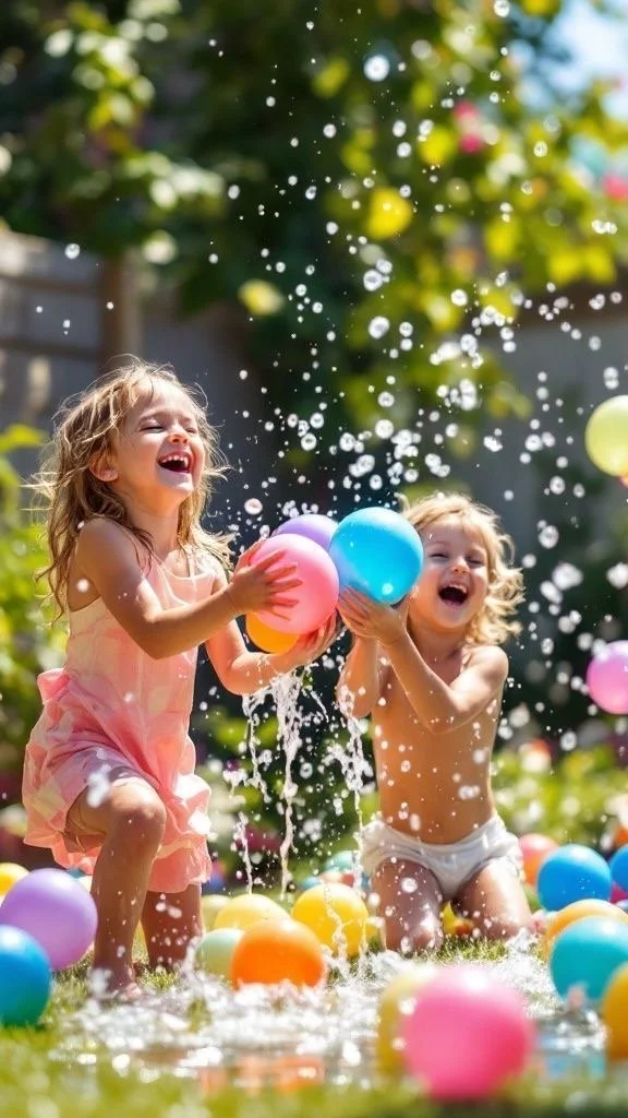 Deux jeunes filles s'amusent avec des ballons colorés dans une mare de gadoue, éclaboussures deau autour, arrière-plan de feuillage vert et soleil.
