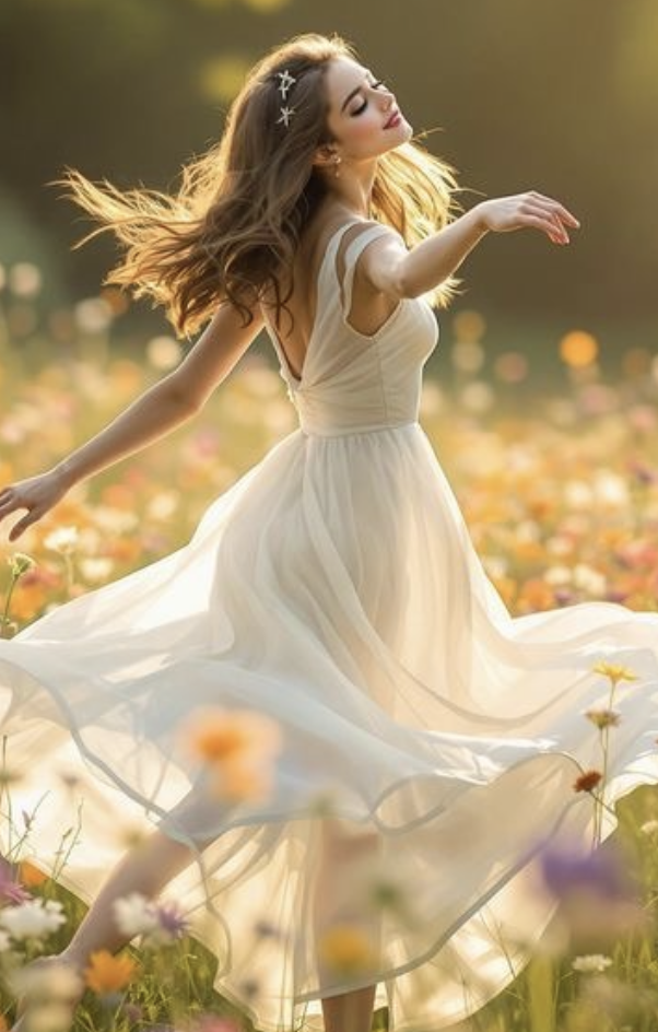 Jeune femme en robe blanche dans un champ de fleurs au coucher du soleil.