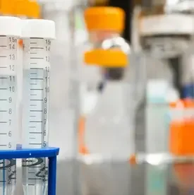 Close-up of two transparent laboratory test tubes with white caps, marked with measurement lines, placed in a blue test tube holder in a laboratory setting with blurred background of various lab supplies and orange caps.