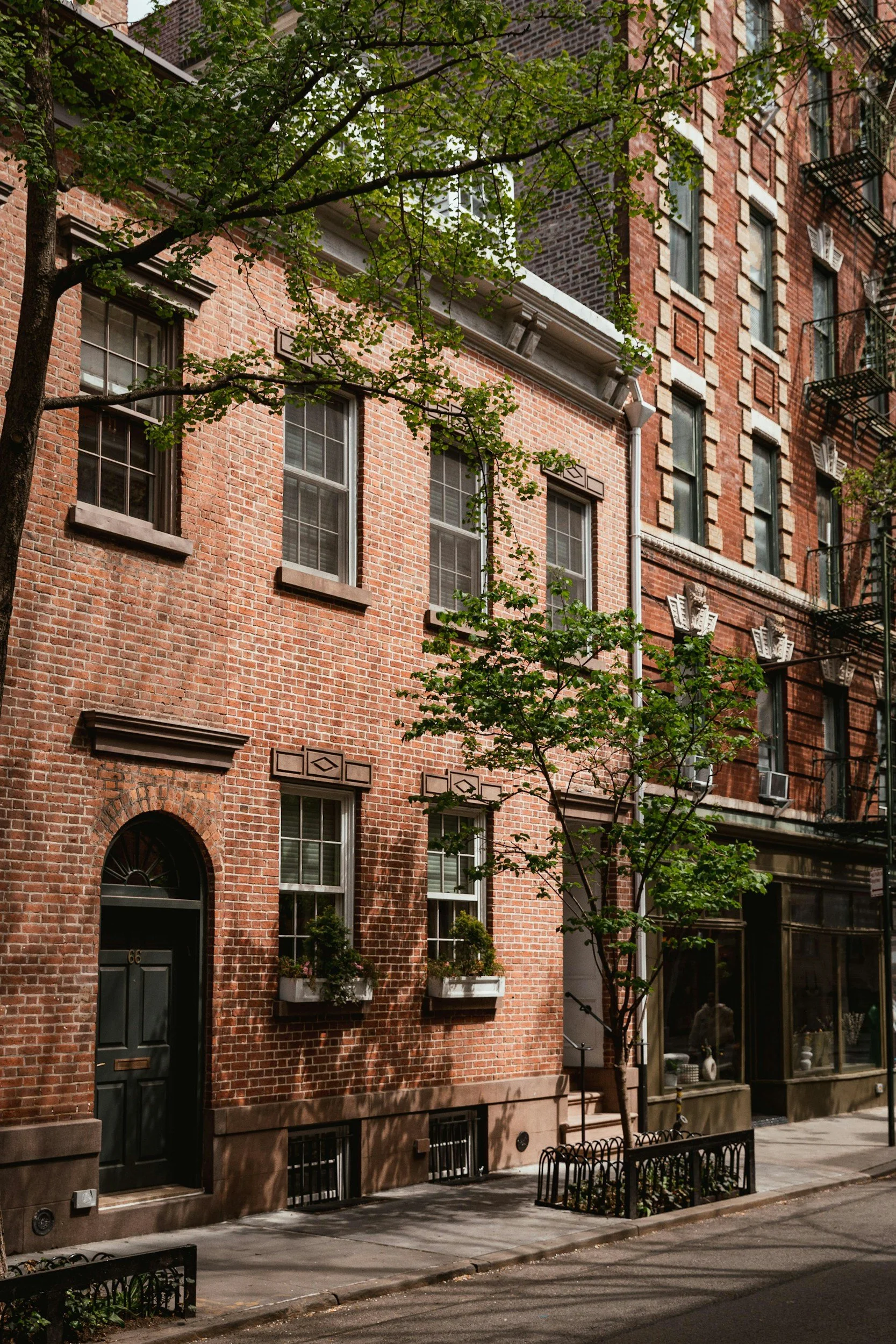 Red brick apartment building with black door, window flower boxes, and fire escape, tree casting shadows in an urban street.