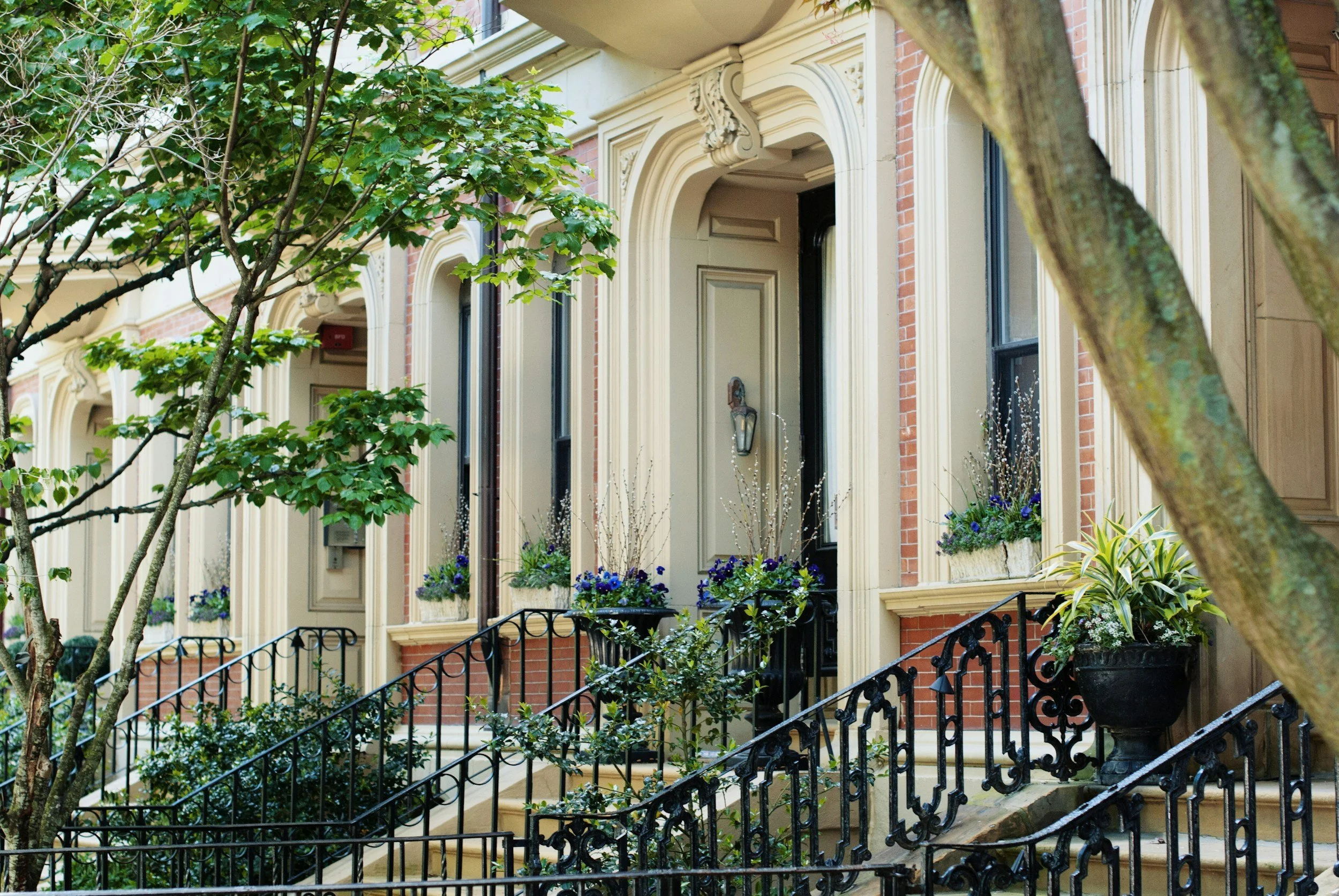Residential front porch with decorative iron railings, potted plants, and large windows framed by ornate trim, with a tree partially obscuring view.