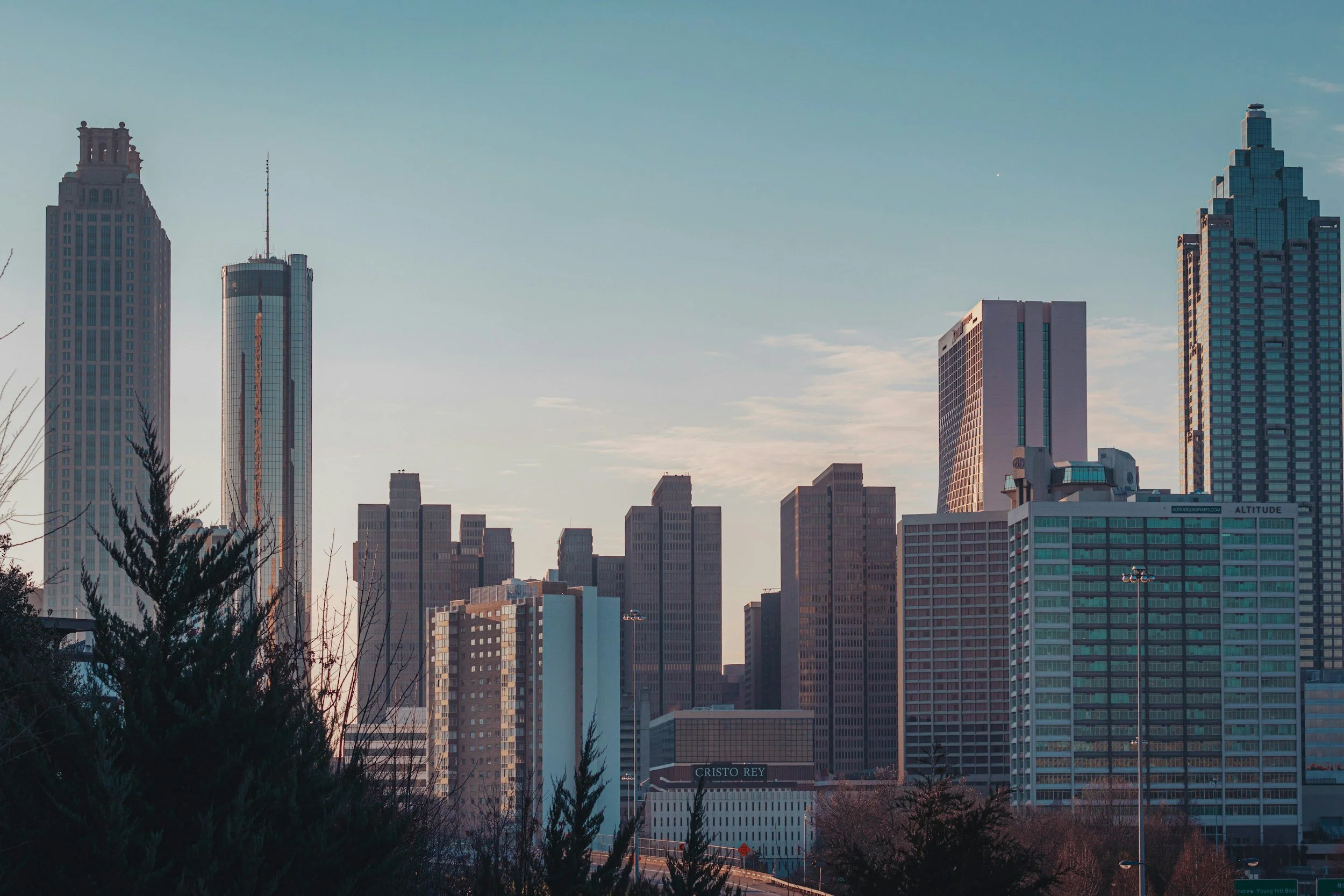 Skyline of downtown Atlanta with many tall skyscrapers, some with reflective glass facades, and trees in the foreground during daylight.