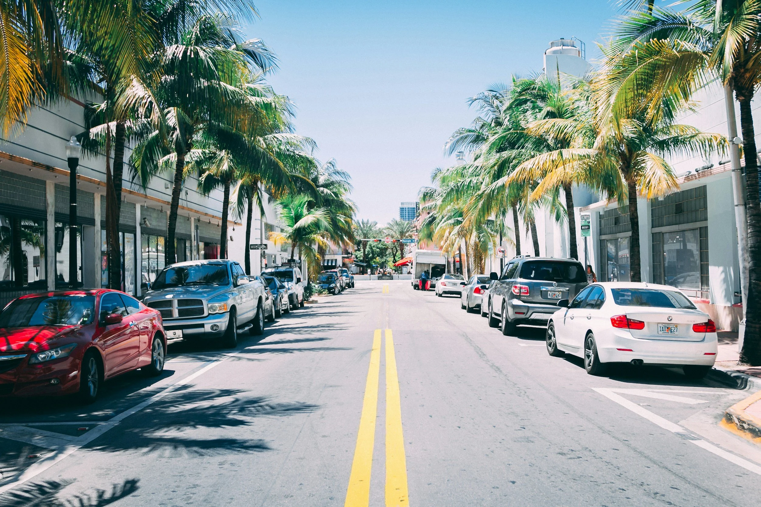 Street lined with palm trees on both sides, parked cars on the curb, and a clear blue sky overhead.