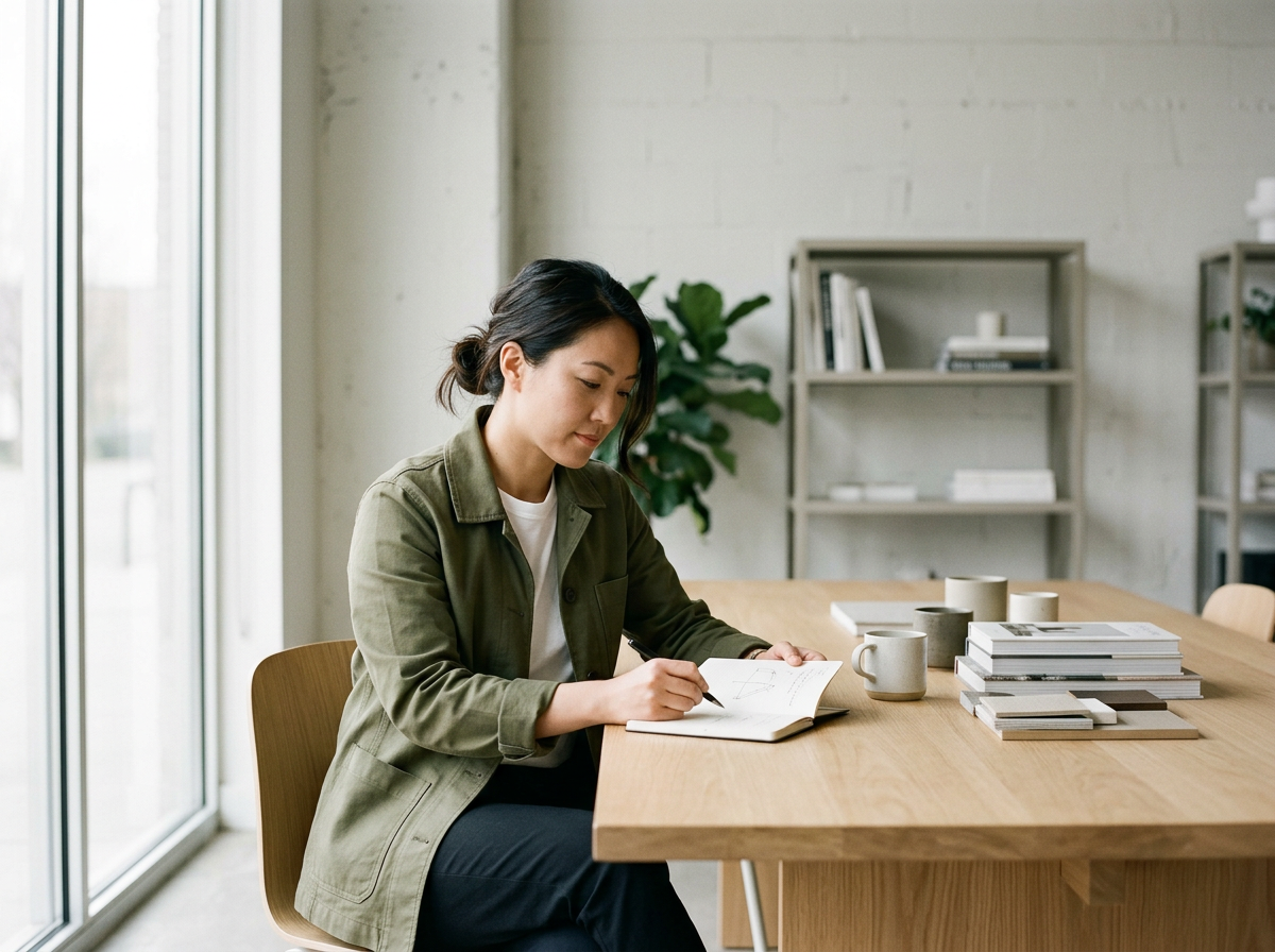 A woman sitting at a wooden table in a modern room, reading a book and taking notes with a pen. The table has several stacked books, cups, and a potted plant in the background.
