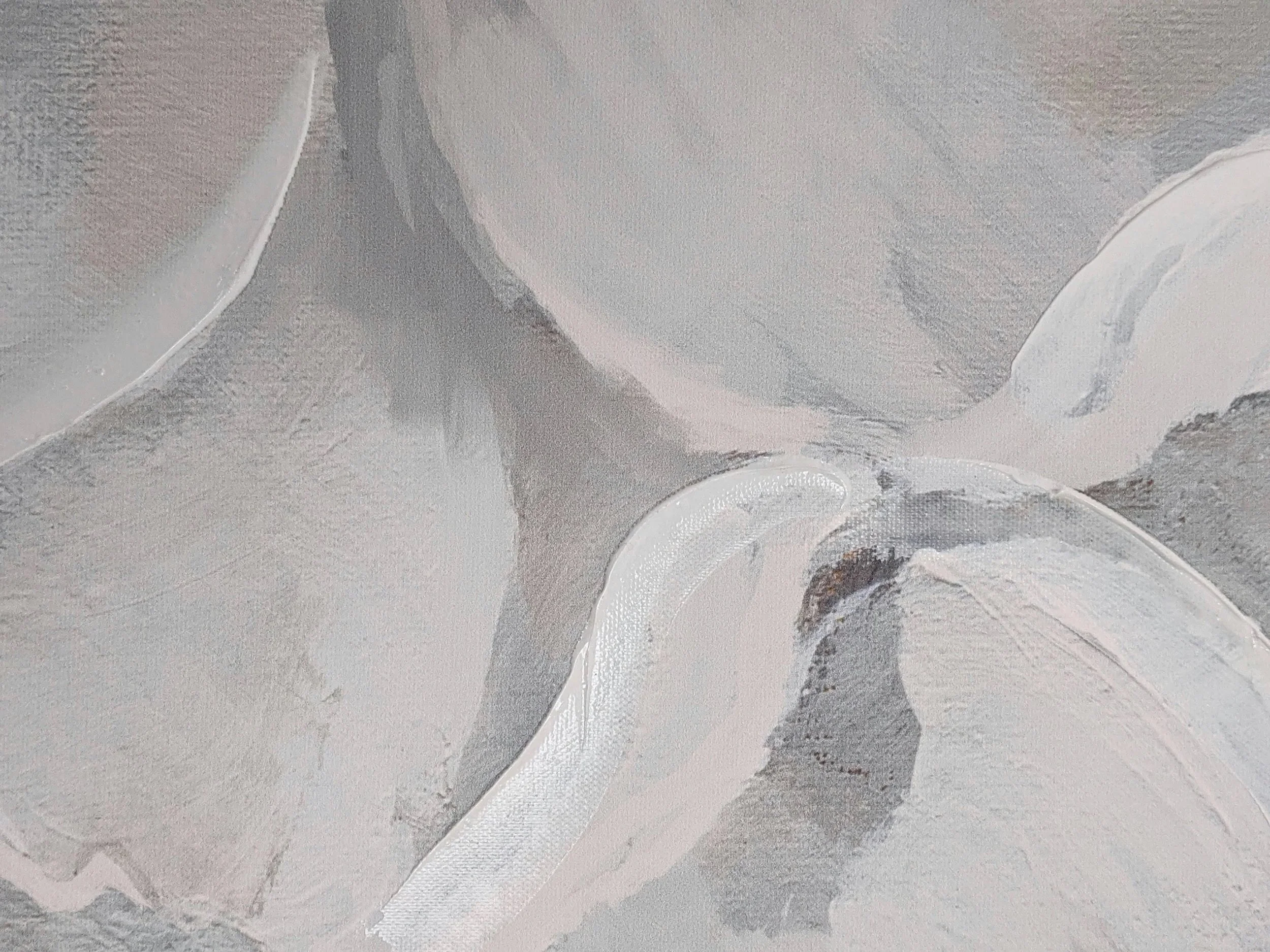 Close-up of an abstract painting with soft gray, white, and beige brush strokes and textures.