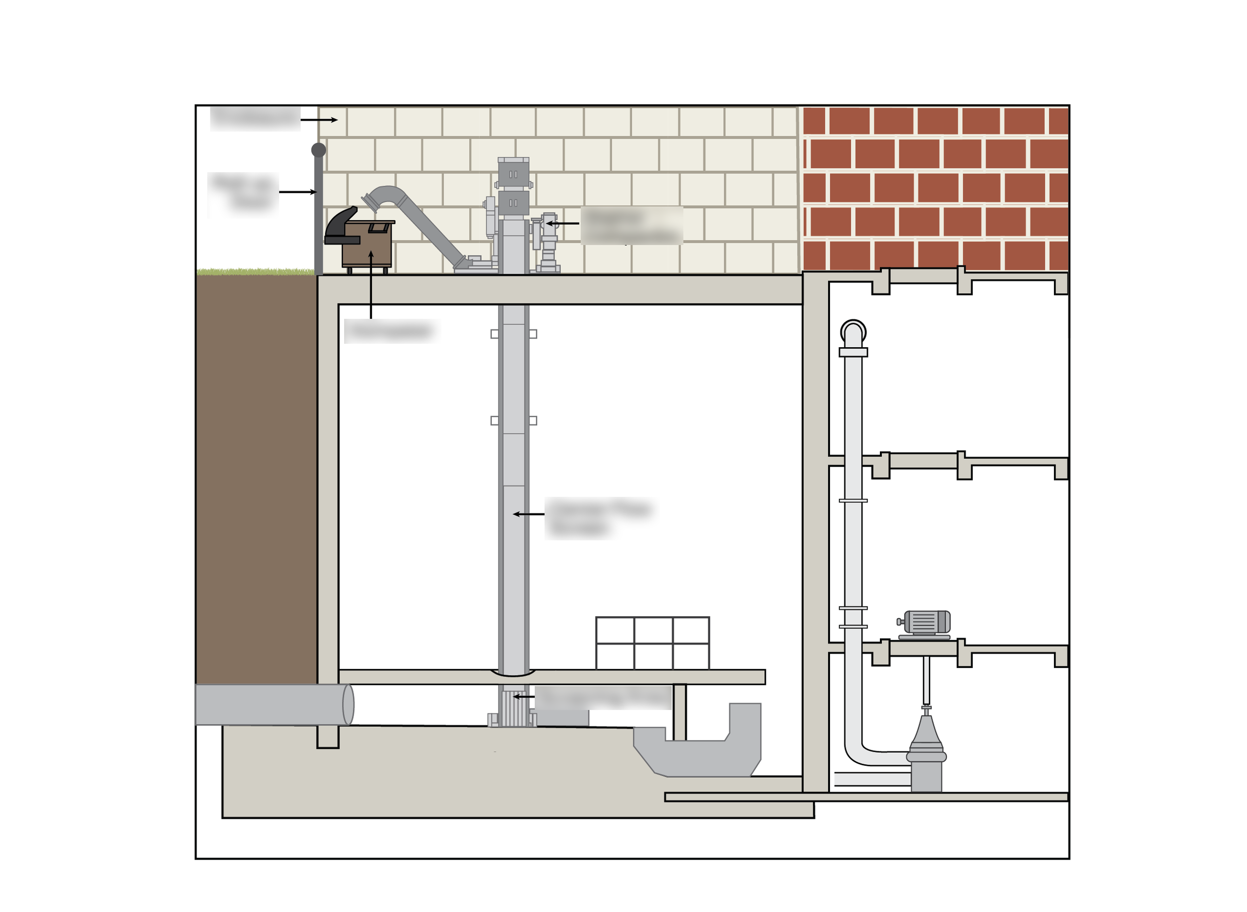 profile view schematic, dumpster, brick wall and other piping and rooms