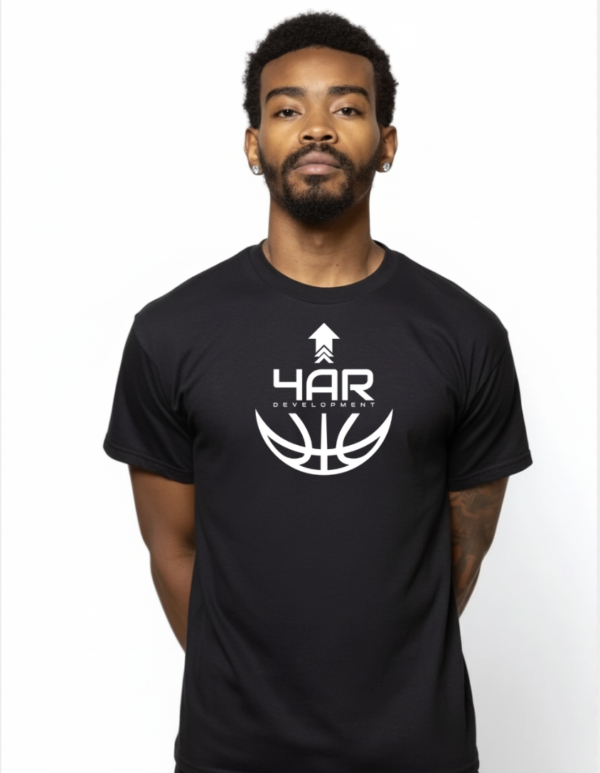 Man wearing a black "Mile High Hoops" t-shirt with an orange graphic of mountains and a basketball.