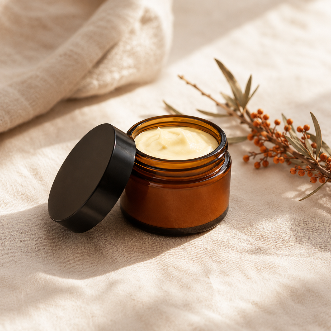 A brown jar of cream with a black lid on a beige surface, accompanied by a rolled towel and a sprig of orange berries and green leaves.