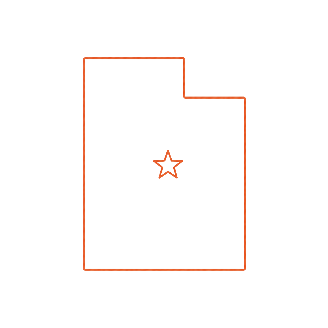 Outline of the state of Utah with a star in the center.