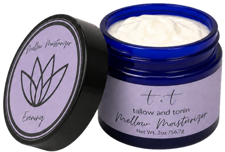A blue jar with a black lid containing white cream, labeled Melllow Moisturizer, with a minimalist design and a leaf illustration.