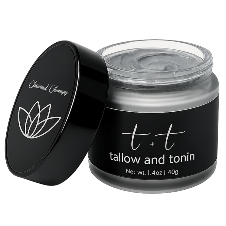 A black jar with a black lid labeled "tallow and tonin" with a minimalist logo and information about the product's weight, and the lid placed next to the jar showing a simple design.