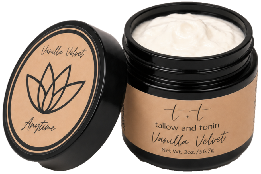 Open container of Vanilla Velvet Tallow and Tonin moisturizer