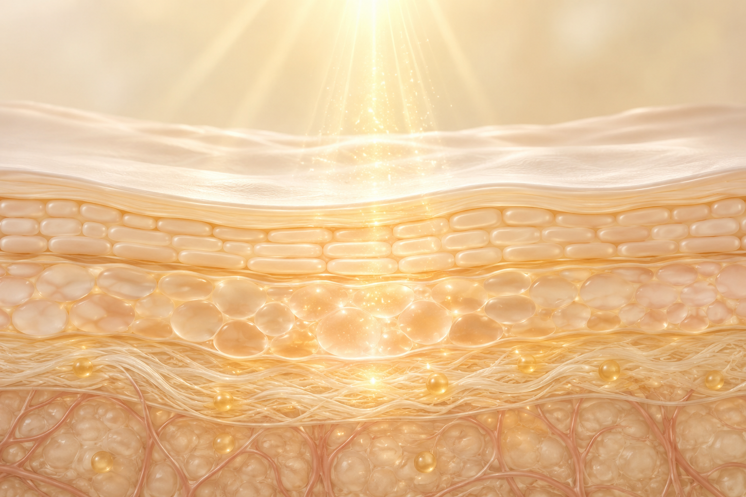 Close-up illustration of human skin layers with light shining from above, showing the epidermis, dermis, and subcutaneous fat.