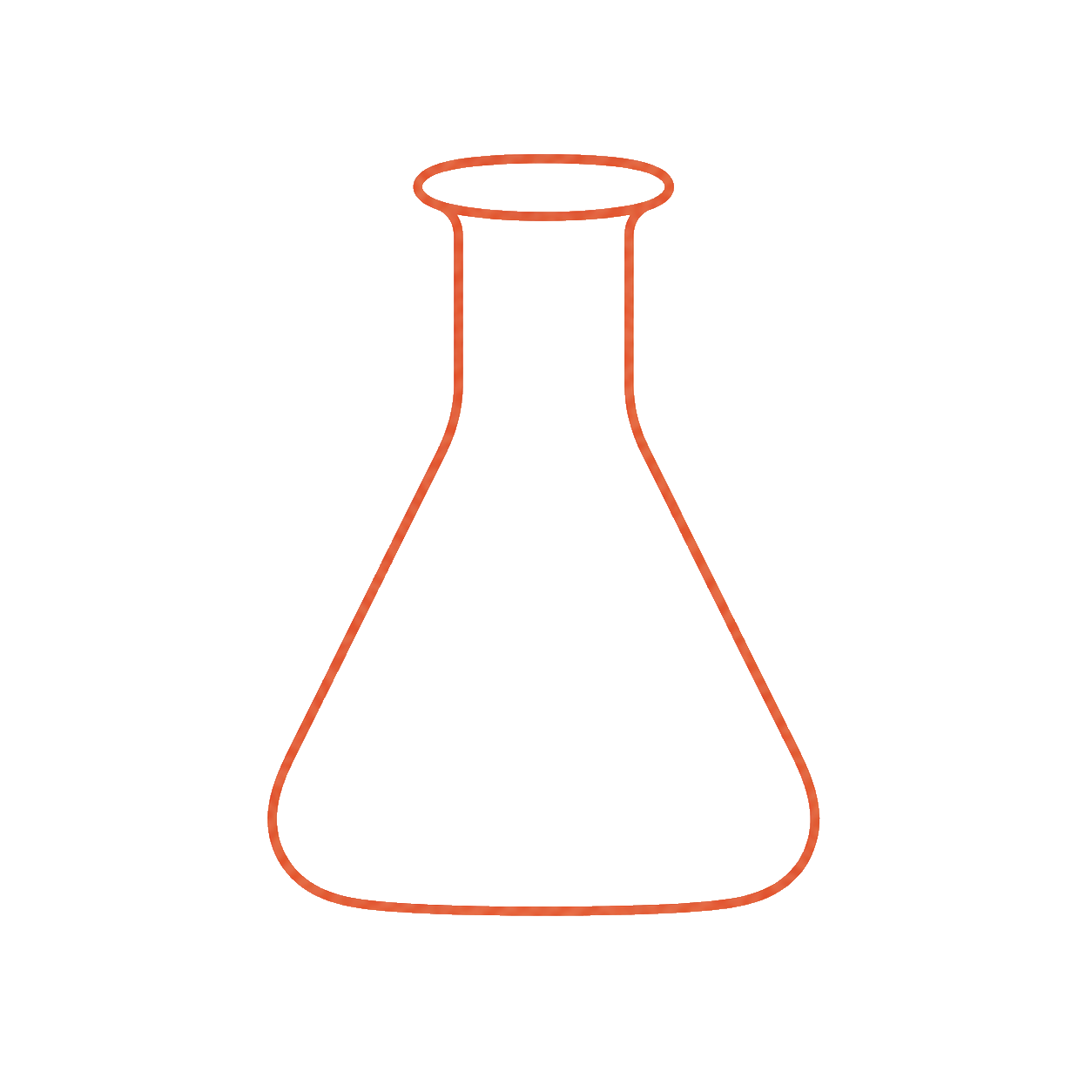 Illustration of a laboratory flask with a wide base and narrow opening, filled with orange liquid, placed on a white background.