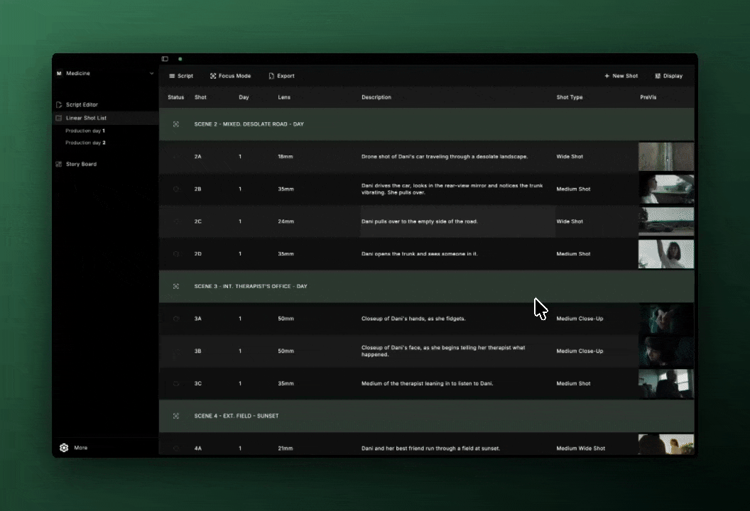 Shot List - Focus Mode