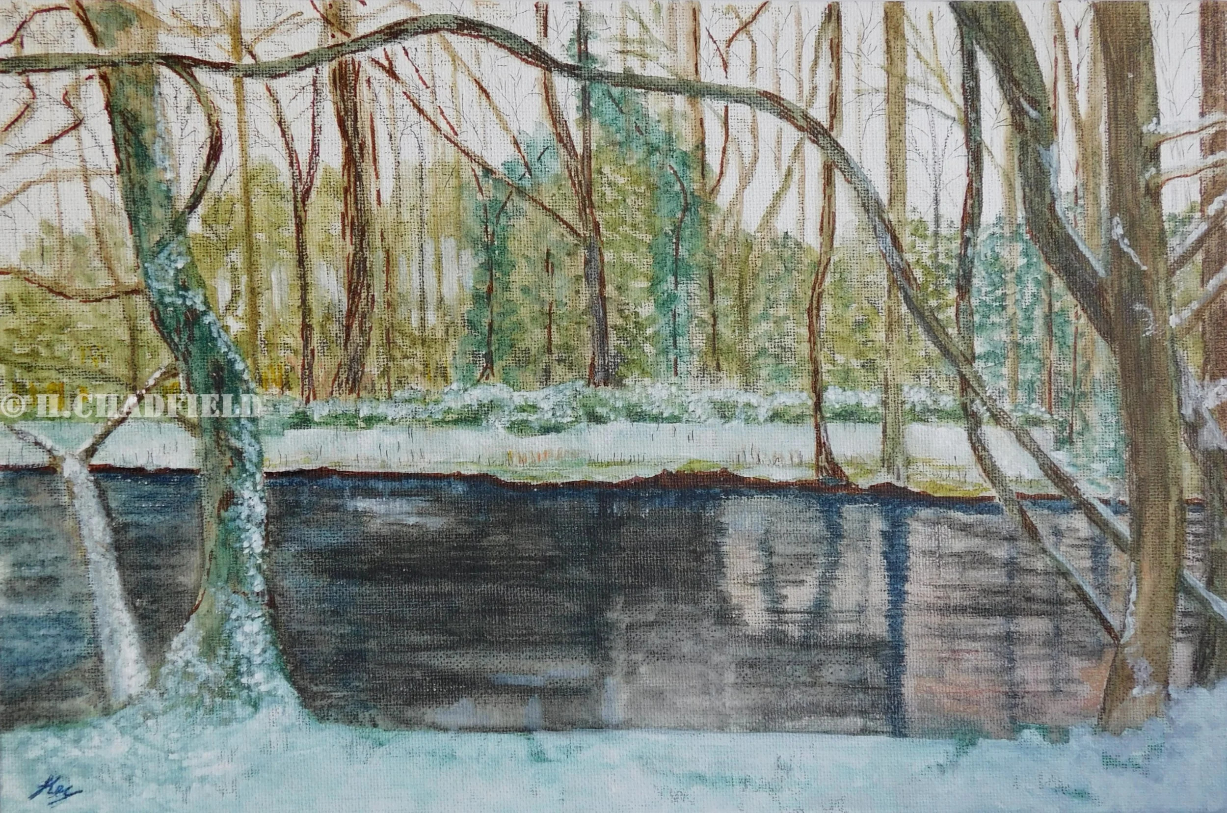 Painting of a river in winter, Galloway, Scotland