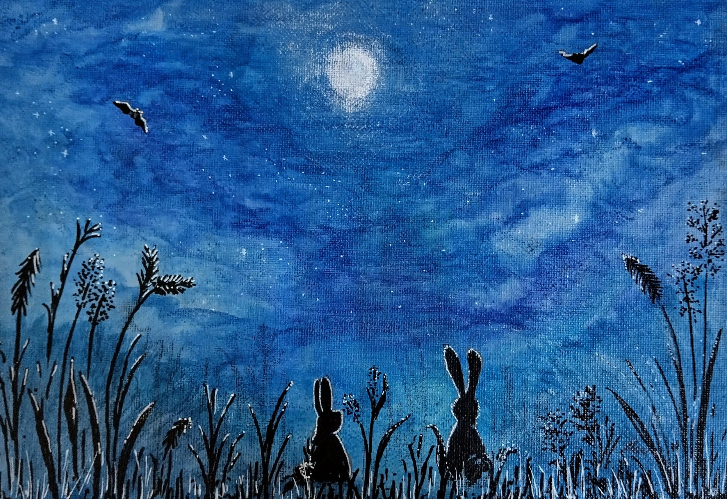 A drawing of a moonlit blue sky with grasses, rabbits and bats in silhouette in the foreground