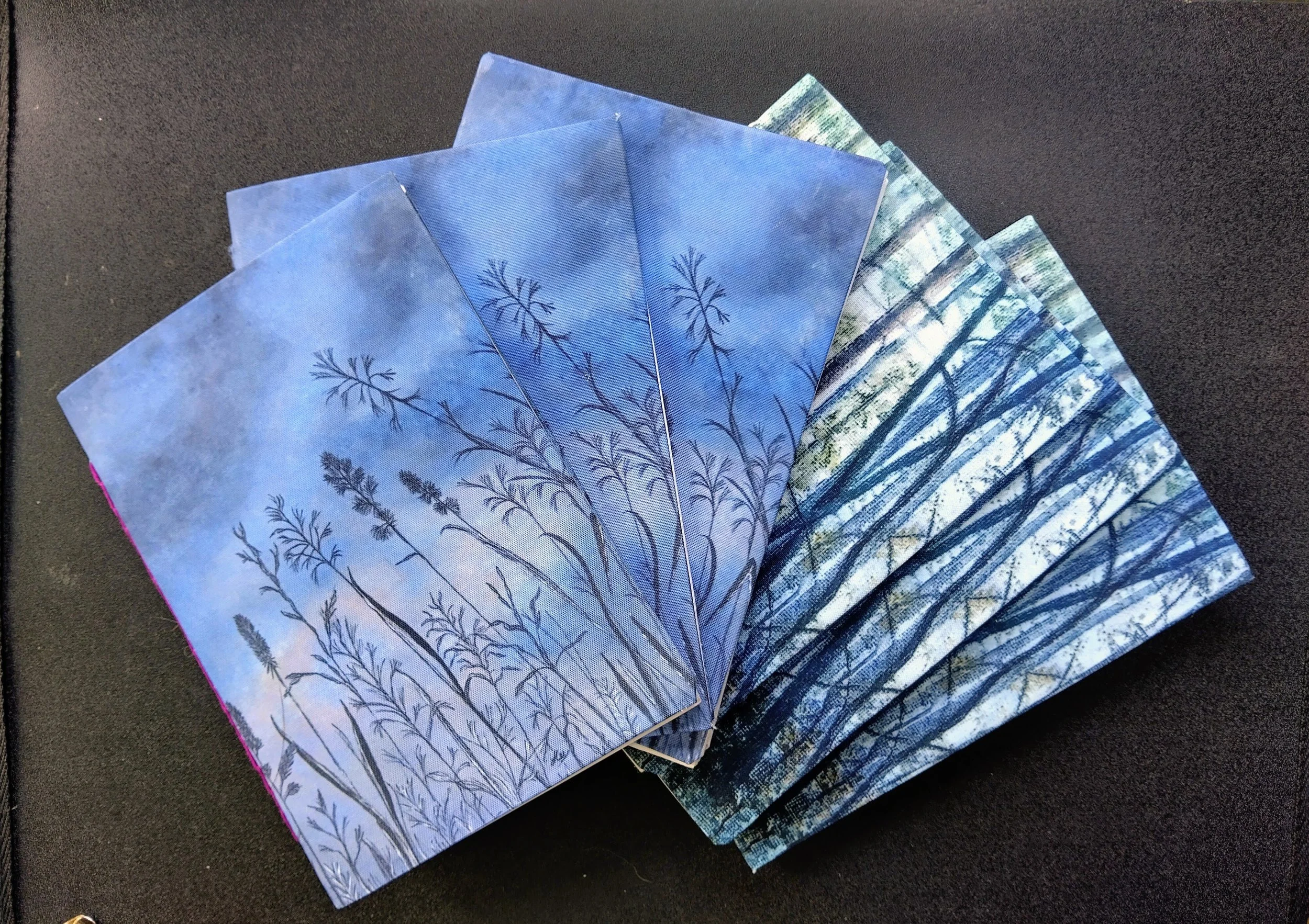 Fanned out handmade softcover notebooks showing paintings or prints of reeds or grasses against a blue sky and a woodland image background, laid out on a dark surface.