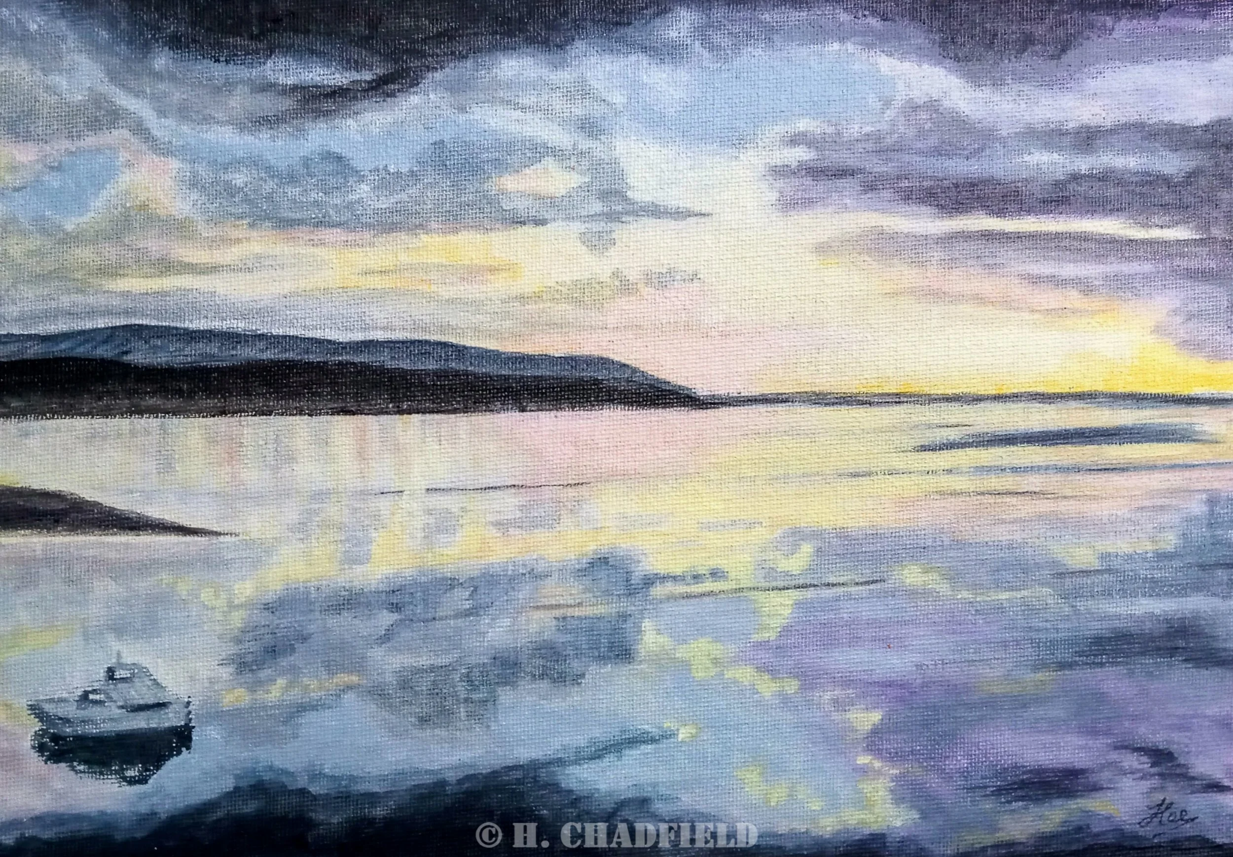 Sunrise over the sea in purples and yellow, with a small boat at anchor in the foreground and reflections in the sea