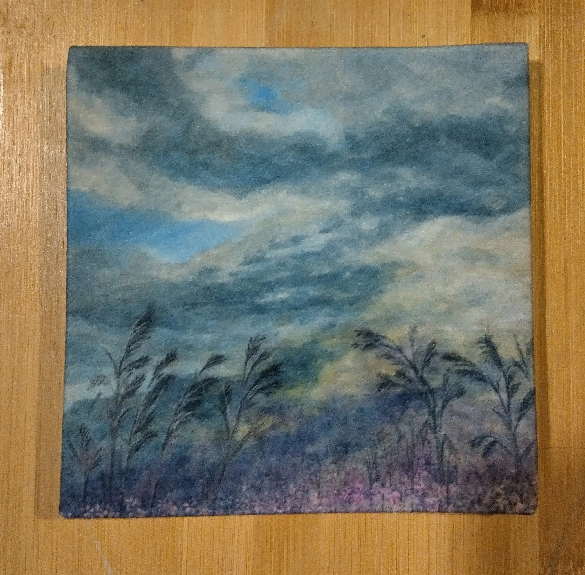 Waving grasses under a moving sky on the front of a handmade notebook