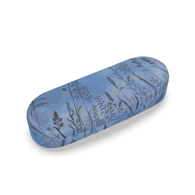 Hard glasses case in blue with design of grasses and leaves in grey and black