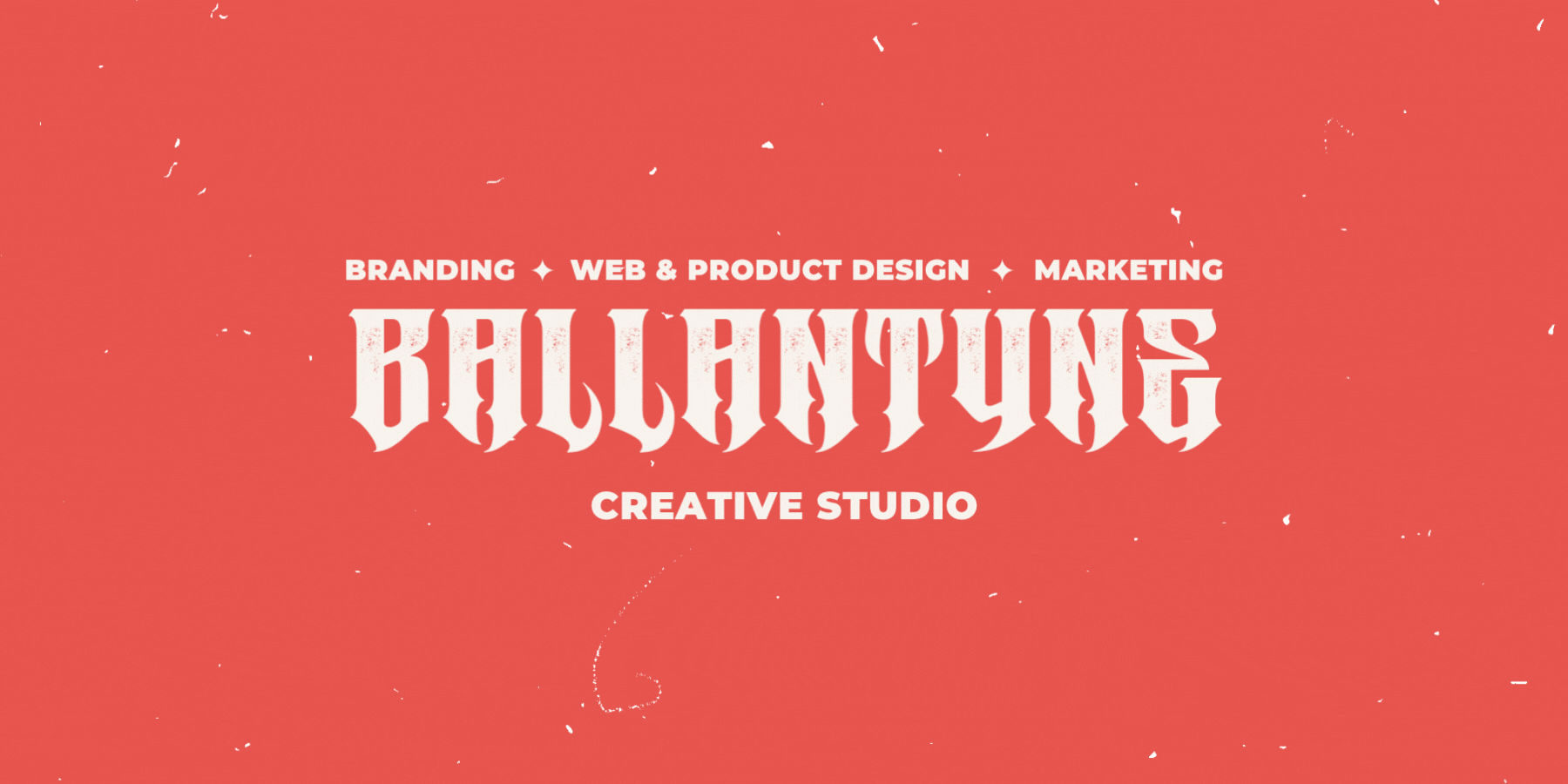 A Marquee animation for Ballantyne Studio, promoting Branding, Web & Product Design & Marketing, with the name 'BALLANTYNE' in white blackletter font on a red background with flashing images of design sketches.