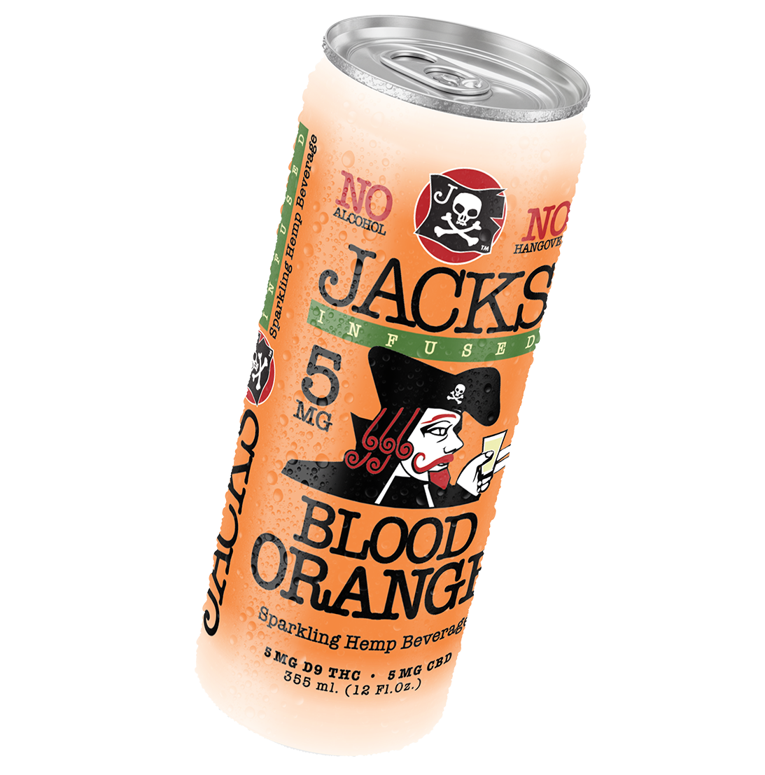 A can of Jack's Orange Blood sparkling hemp beverage with cannabis product information and a man in a pirate hat.
