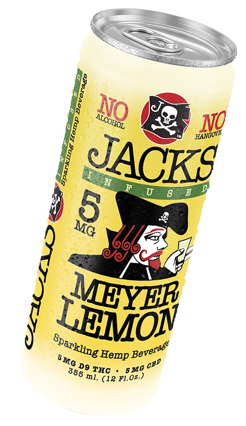 A can of Meyer Lemon sparkling hemp beverage by Jack's Infused, featuring a pirate with red hair holding a drink, with cannabis-related information and branding elements.