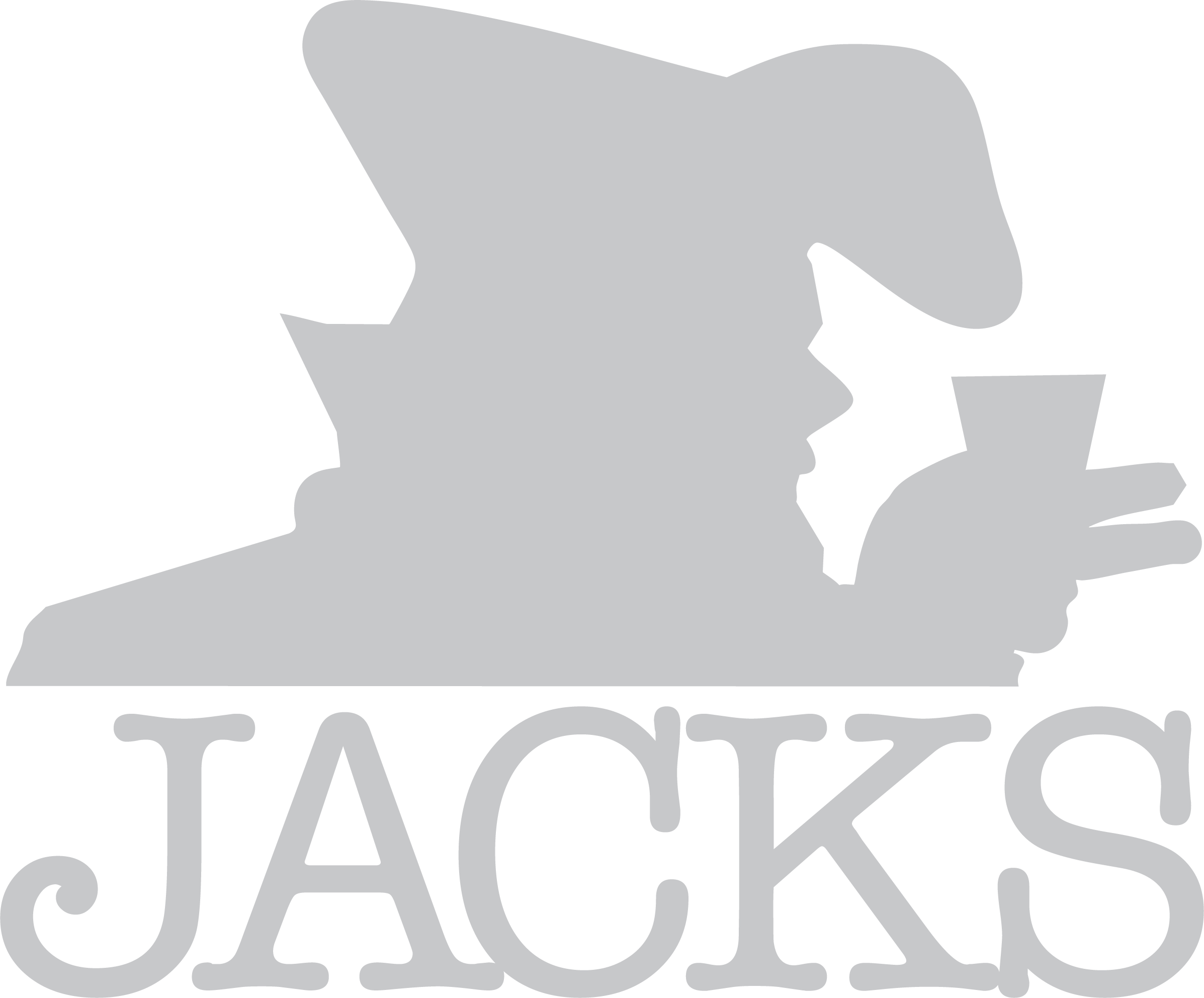 Silhouette of a pirate with long hair holding a drink, the word "JACKS" written below in bold letters.