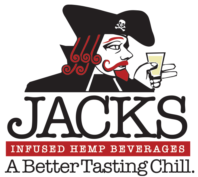 Logo of a woman dressed as a pirate with red curls, wearing a black pirate hat with a skull and crossbones, holding a glass of light-colored beverage, with text that reads "Jacks" and "Infused Hemp Beverages" and the slogan "A Better Tasting Chill."