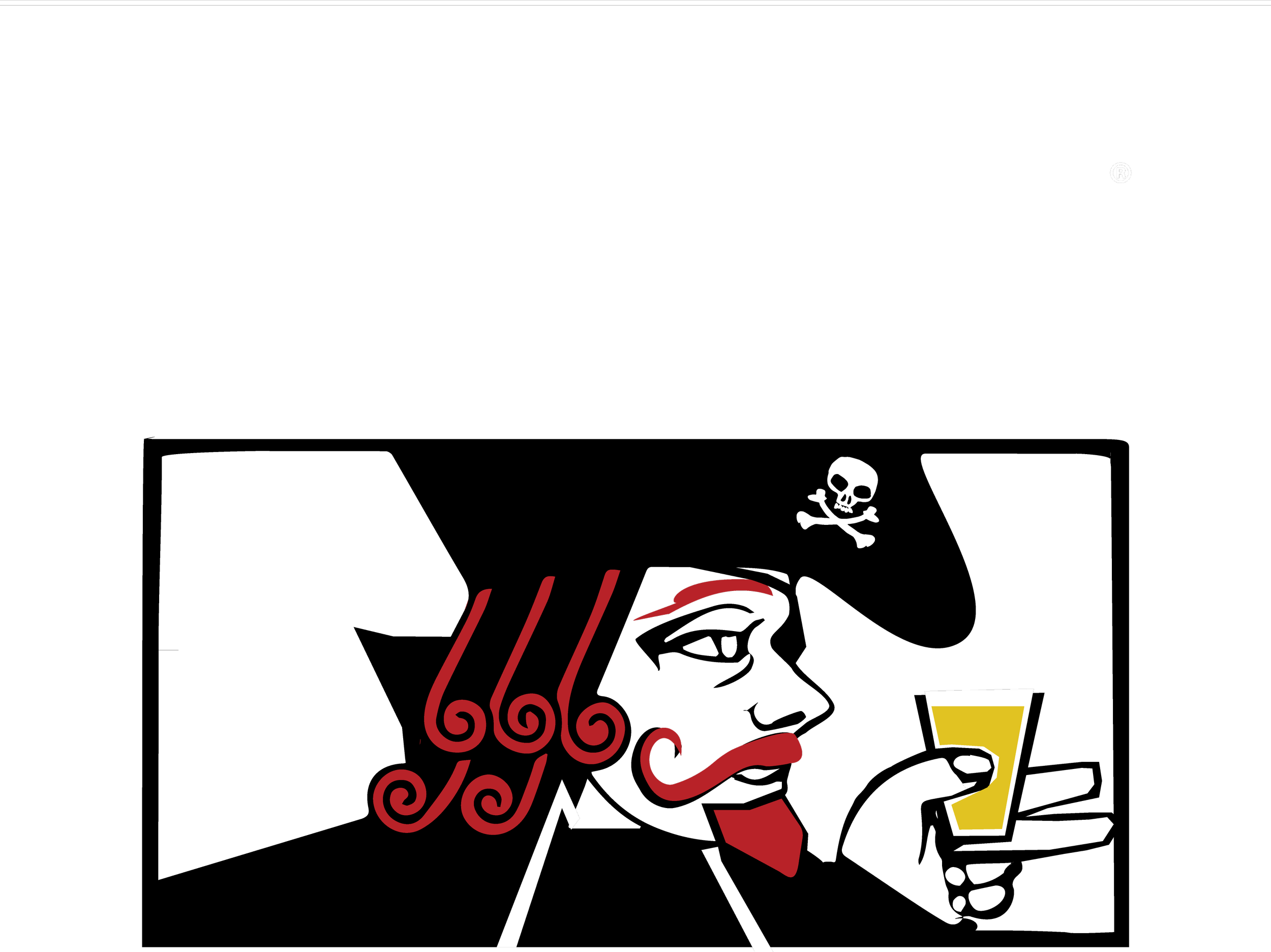 A cartoon illustration of a witch with red hair, green skin, and a red headband, holding a toothpick with a skull and crossbones symbol, and a cup of beer on a black background.
