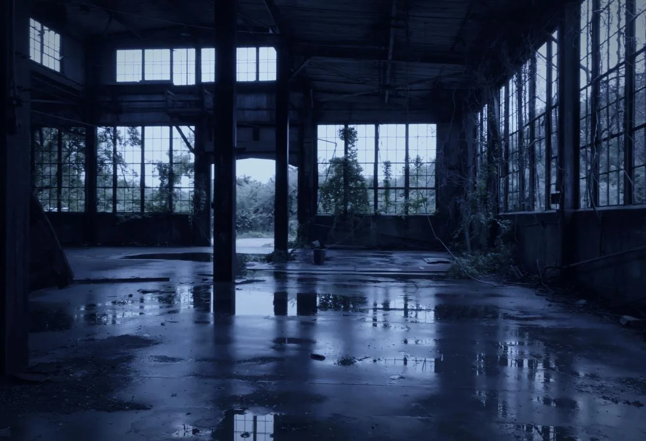 Drone aerial by CXIX: an abandoned, dilapidated wooden building with large broken windows, puddles on the floor, and overgrown vegetation visible outside.