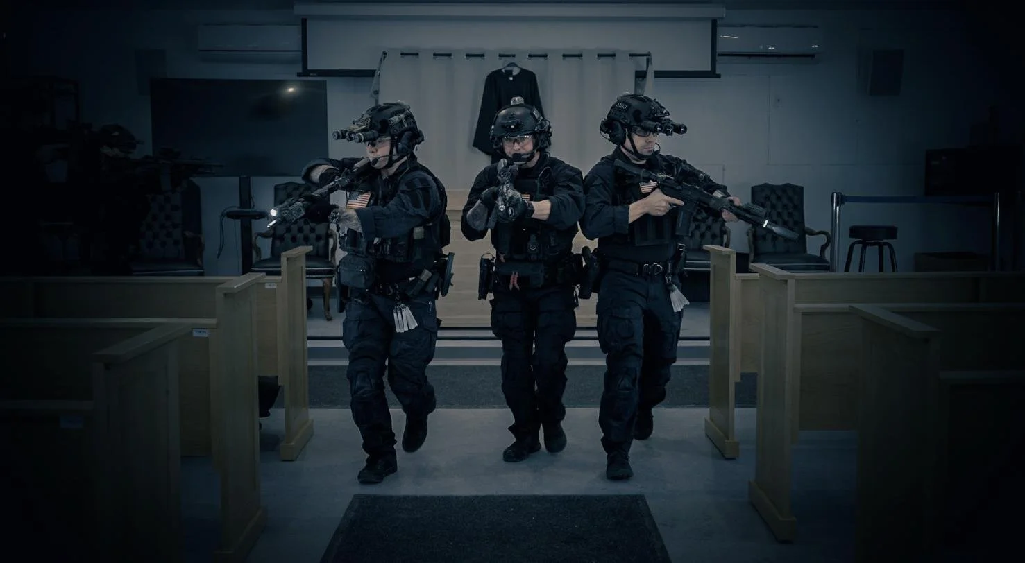 Long Island SWAT Challenge, shot by CXIX: three tactical police officers in black tactical gear and helmets, armed with rifles, are entering a room from the hallway.