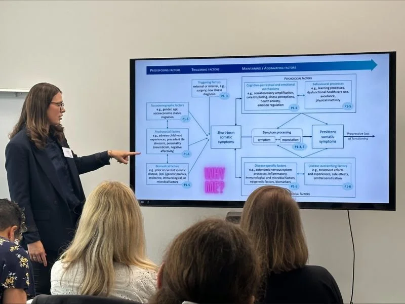 Person presenting a flowchart on a screen to an audience