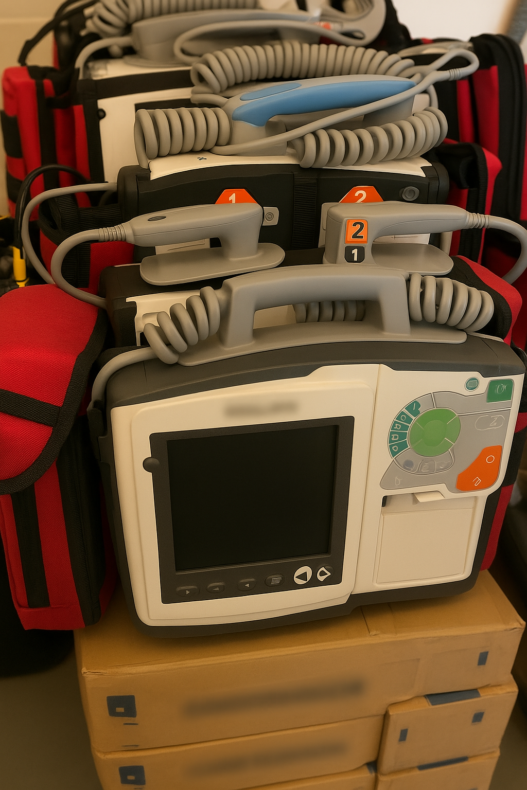 A collection of medical monitors and equipment stacked on top of cardboard boxes, with some carrying cases nearby.
