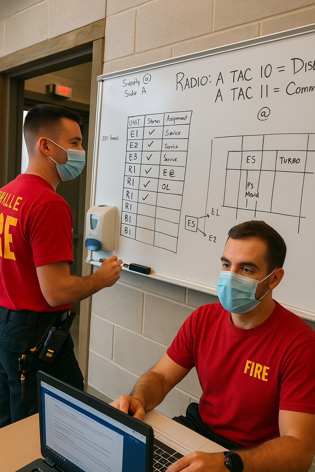 Two fire fighters, wearing red shirts and face masks, in a training room with a whiteboard filled with diagrams, charts, and handwritten notes related to fire service and communication procedures.