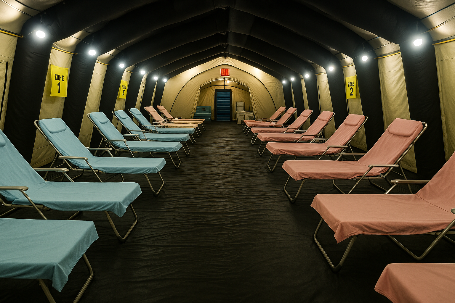 Inside a black inflatable medical tent with rows of pink and blue reclining chairs, spaced along dark floor, yellow zone signs on the wall, and an exit sign at the back.