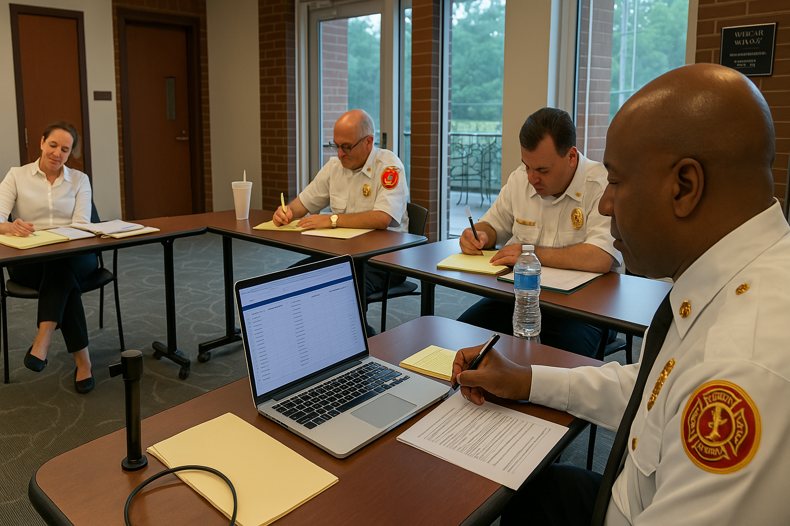 Fire department officials participating in a meeting, sitting at tables with notebooks, pens, a laptop, and water bottles, in a room with large windows and a balcony outside.