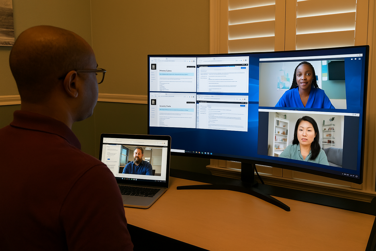 Man participating in a virtual meeting with two women, one on a large monitor and the other on a laptop, in a home office with closed window shutters.