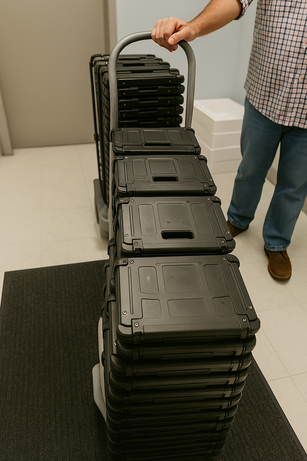 A person holding a trolley handle with a stack of black hard cases on the trolley. There are additional black cases stacked behind on a cart, positioned in an indoor setting.