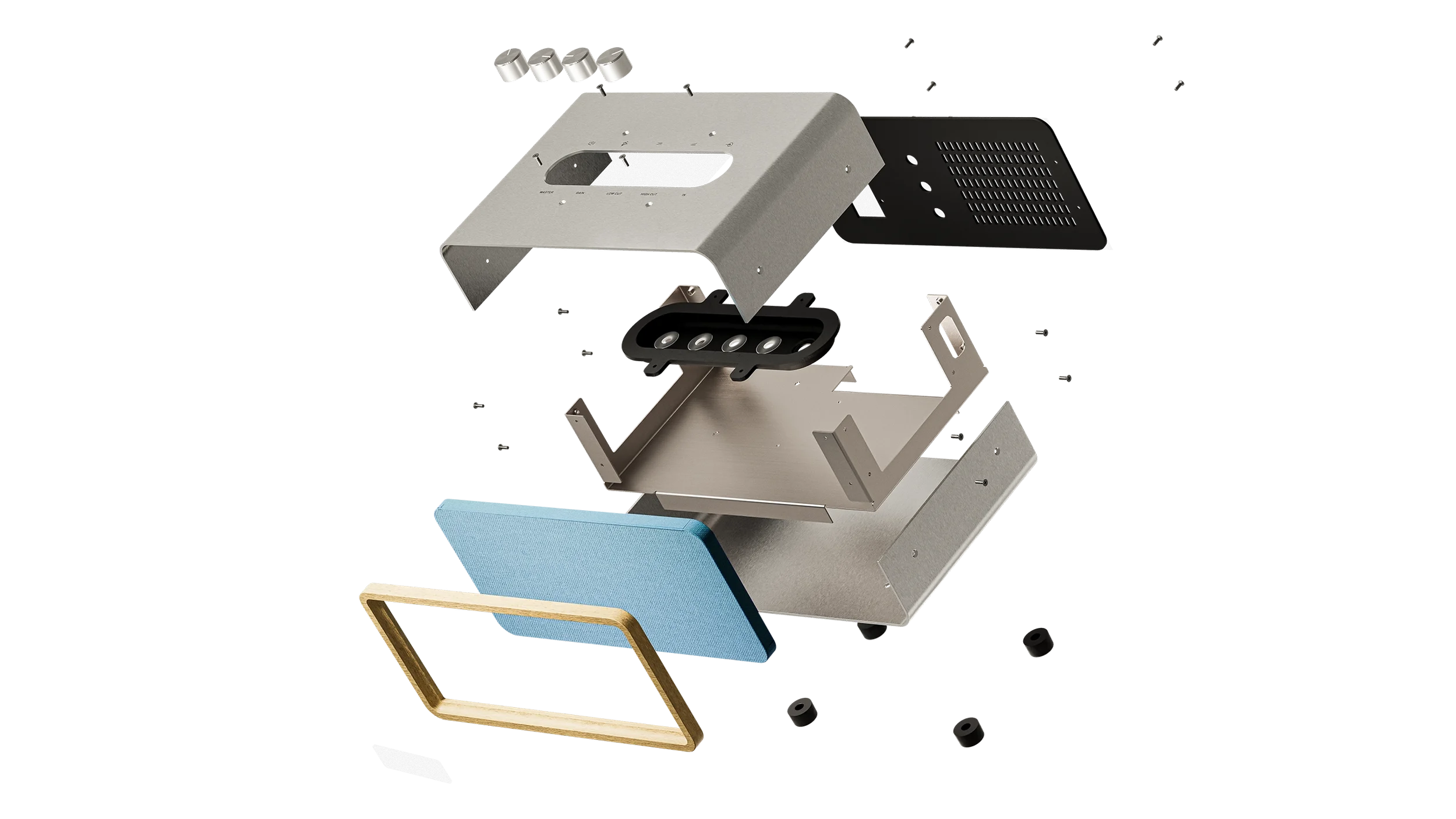 Parts of a disassembled air filter, including the frame, the blue fabric filter, and other metallic components.